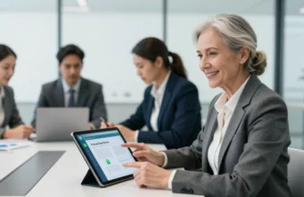 Business team conducting due diligence using a Virtual Data Room on a laptop and tablet in a modern conference room, highlighting secure document sharing and collaboration for mergers and acquisitions.