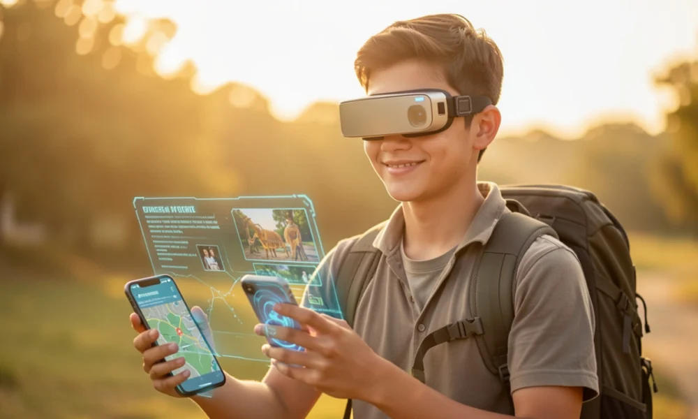 Young traveler using augmented reality glasses and smartphone to view holographic historical information at an ancient temple courtyard, experiencing AI-powered personalized cultural tourism with interactive digital guides and immersive heritage content