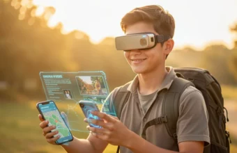 Young traveler using augmented reality glasses and smartphone to view holographic historical information at an ancient temple courtyard, experiencing AI-powered personalized cultural tourism with interactive digital guides and immersive heritage content