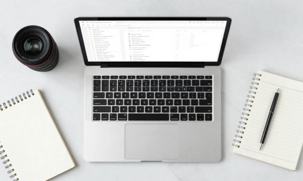 Amazon product listing optimization strategy on laptop with analytics and e-commerce accessories, representing modern seller tools and SEO services.