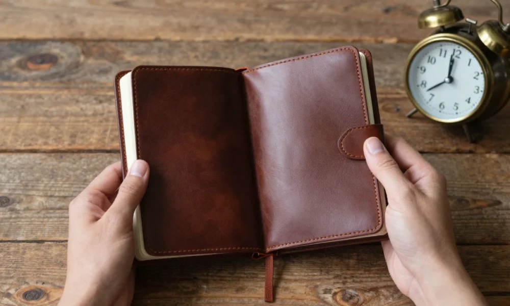 A person journaling at a wooden table, with a brass clock showing 11:11, representing the spiritual meaning of angel numbers and synchronicity.
