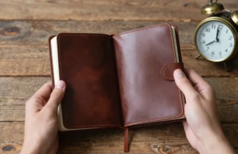 A person journaling at a wooden table, with a brass clock showing 11:11, representing the spiritual meaning of angel numbers and synchronicity.