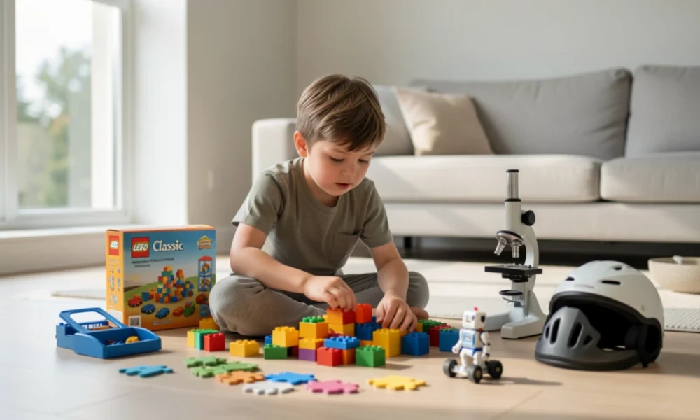 6-year-old boy playing with building blocks, STEM toys, and puzzles on living room floor at home