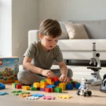 6-year-old boy playing with building blocks, STEM toys, and puzzles on living room floor at home