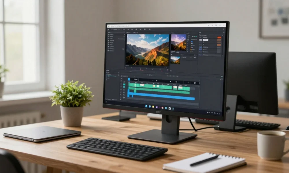 A high-quality 32-inch 4K monitor displaying professional editing software on a clean, modern desk with a laptop and notebook, representing the best monitors for work and creativity in 2024.