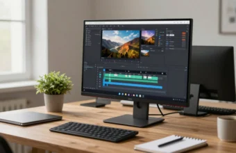 A high-quality 32-inch 4K monitor displaying professional editing software on a clean, modern desk with a laptop and notebook, representing the best monitors for work and creativity in 2024.