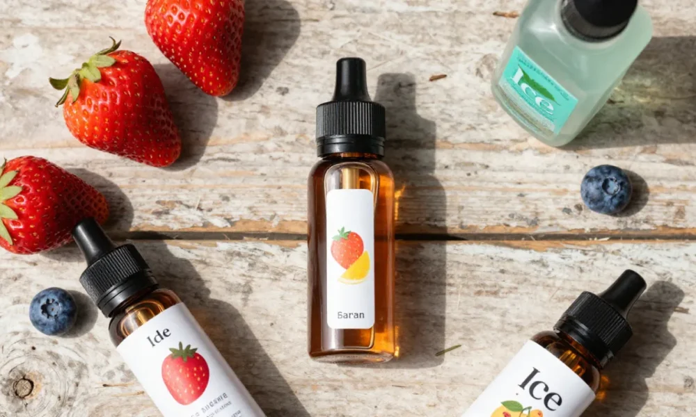 A flat lay of vape devices and e-liquid bottles with fruit and ice flavors on a wooden table, featuring fresh berries and mint leaves nearby