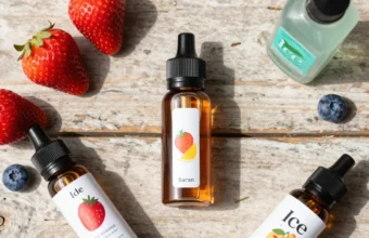 A flat lay of vape devices and e-liquid bottles with fruit and ice flavors on a wooden table, featuring fresh berries and mint leaves nearby