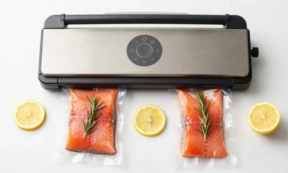 Chamber vacuum sealer on kitchen counter with prepared salmon bags for sous vide cooking and immersion circulator in background