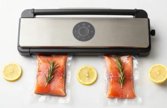 Chamber vacuum sealer on kitchen counter with prepared salmon bags for sous vide cooking and immersion circulator in background