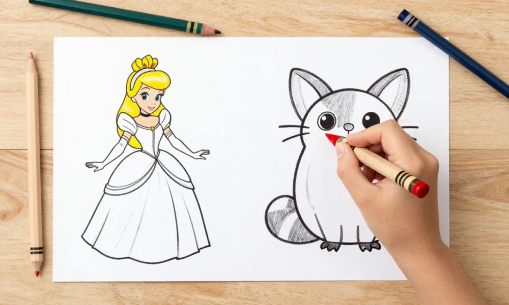 A child's hand coloring a Pusheen the cat printable page, with Cinderella coloring sheets and crayons visible on a table.