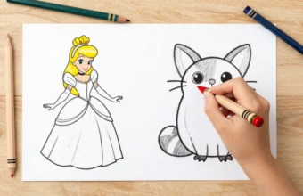 A child's hand coloring a Pusheen the cat printable page, with Cinderella coloring sheets and crayons visible on a table.