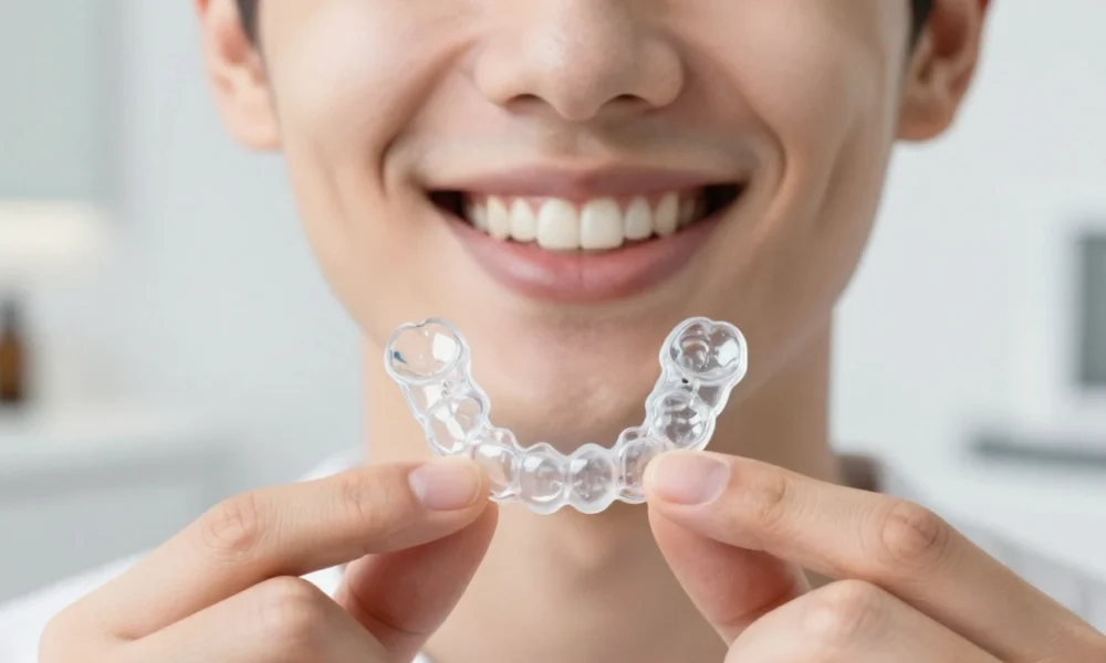 A person holding a transparent clear aligner tray in front of their smile, representing modern orthodontic treatment for straightening teeth.