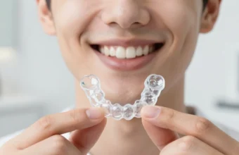 A person holding a transparent clear aligner tray in front of their smile, representing modern orthodontic treatment for straightening teeth.