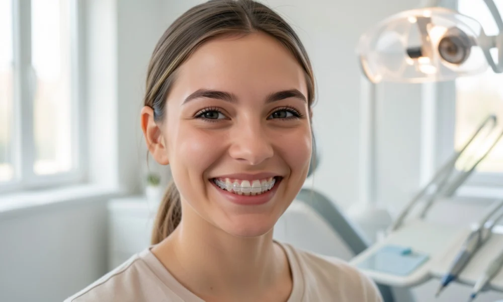 Young adult patient with clear invisible aligners smiling in modern dental clinic during orthodontic consultation