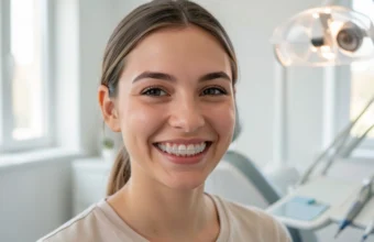 Young adult patient with clear invisible aligners smiling in modern dental clinic during orthodontic consultation