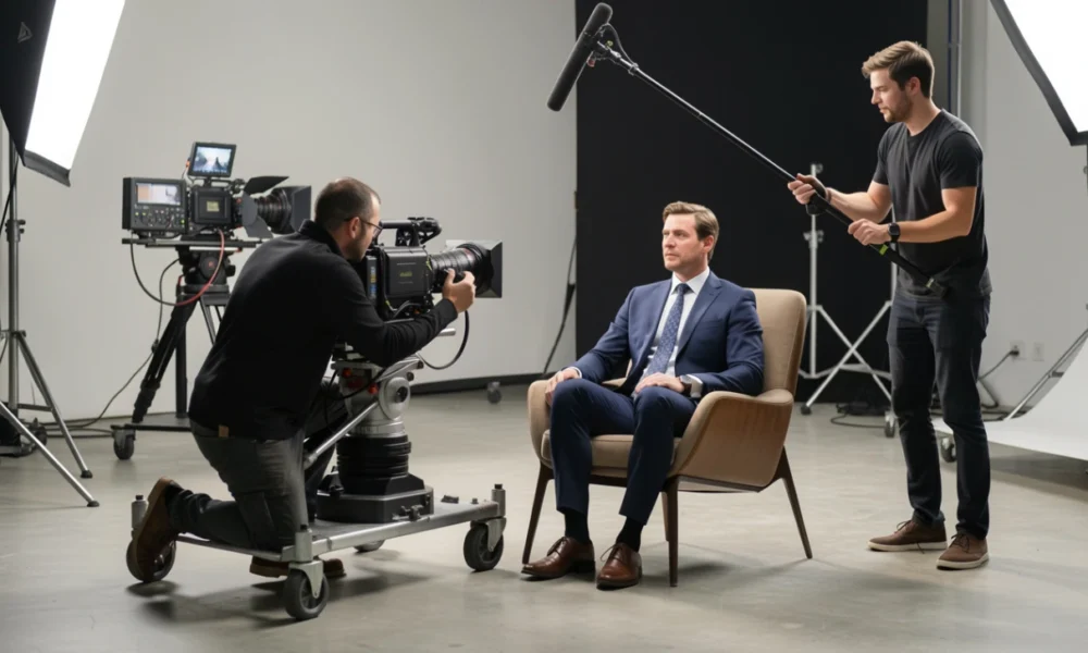 A professional film crew, including a director and sound operator, filming a business actor with a cinema camera during a full-service video production project for a marketing campaign.