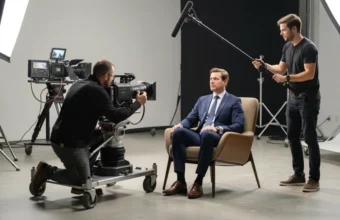 A professional film crew, including a director and sound operator, filming a business actor with a cinema camera during a full-service video production project for a marketing campaign.