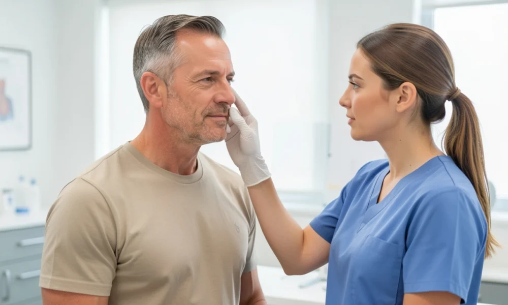 Functional rhinoplasty consultation: surgeon discusses nasal breathing improvement techniques with a male patient in a modern medical office.