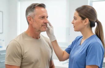 Functional rhinoplasty consultation: surgeon discusses nasal breathing improvement techniques with a male patient in a modern medical office.