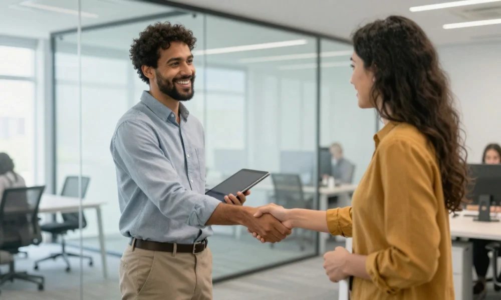 HR staffing services professionals facilitating a successful candidate interview and handshake in a modern corporate office setting