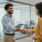 HR staffing services professionals facilitating a successful candidate interview and handshake in a modern corporate office setting