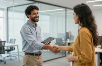 HR staffing services professionals facilitating a successful candidate interview and handshake in a modern corporate office setting