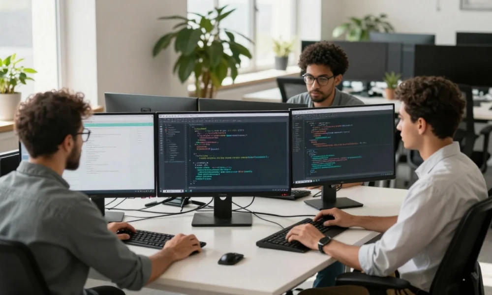 A diverse team of developers collaborates while reviewing TypeScript and React code on monitors in a modern office.