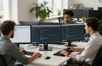 A diverse team of developers collaborates while reviewing TypeScript and React code on monitors in a modern office.
