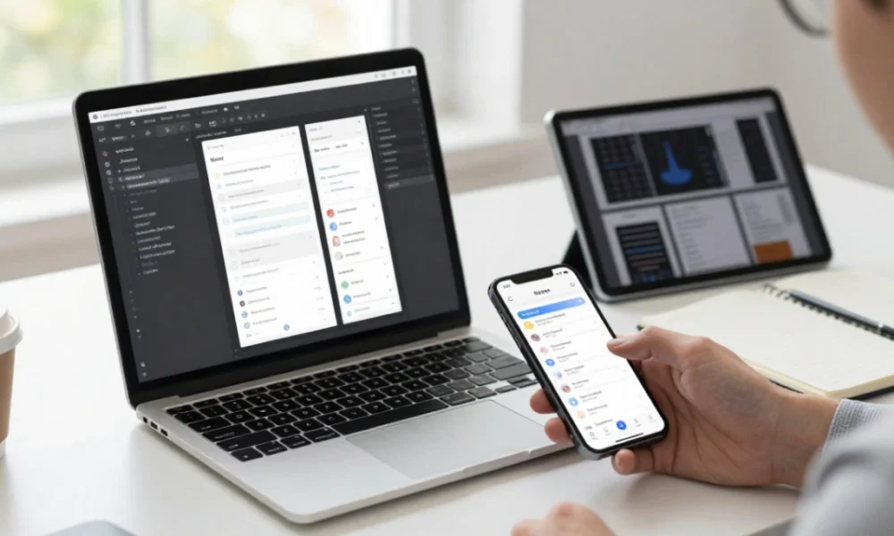 Mobile app development workspace with laptop showing UI wireframes and code editor, smartphone displaying app prototype on desk