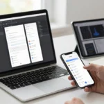 Mobile app development workspace with laptop showing UI wireframes and code editor, smartphone displaying app prototype on desk