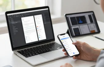 Mobile app development workspace with laptop showing UI wireframes and code editor, smartphone displaying app prototype on desk