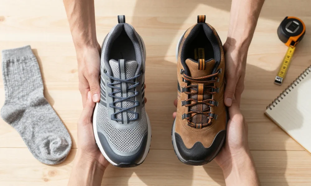 A top-down view of hands comparing a modern mesh sneaker and a rugged leather hiking shoe on a wood table, with socks and a tape measure nearby, illustrating how to choose rubber shoes for fit and activity.