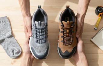 A top-down view of hands comparing a modern mesh sneaker and a rugged leather hiking shoe on a wood table, with socks and a tape measure nearby, illustrating how to choose rubber shoes for fit and activity.