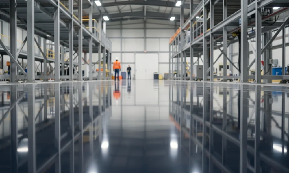 High-gloss epoxy industrial floor coating in a modern, well-lit factory warehouse, reflecting overhead lights and showing durability for heavy-duty use.