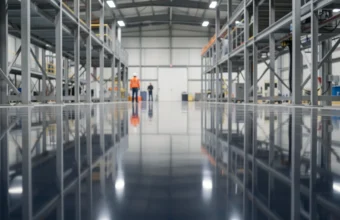 High-gloss epoxy industrial floor coating in a modern, well-lit factory warehouse, reflecting overhead lights and showing durability for heavy-duty use.