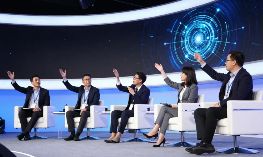 A diverse panel of technology executives and AI leaders speaking on a brightly lit conference stage with a blue digital data stream display behind them.