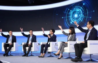 A diverse panel of technology executives and AI leaders speaking on a brightly lit conference stage with a blue digital data stream display behind them.