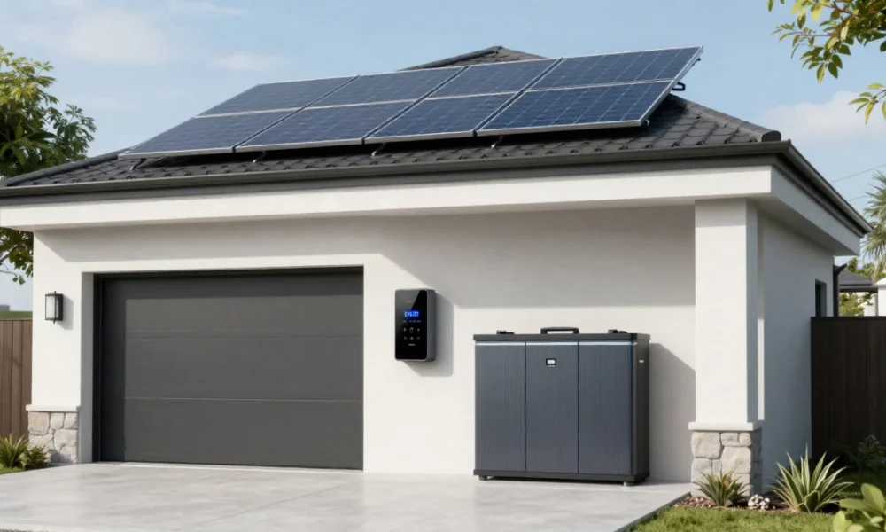 Modern home with solar panels and a wall-mounted lithium solar battery unit for residential energy storage and backup power