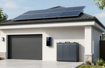 Modern home with solar panels and a wall-mounted lithium solar battery unit for residential energy storage and backup power