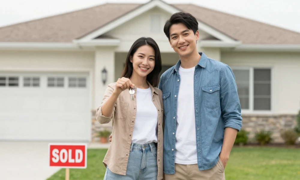 Happy couple with house keys in front of new home purchased with an FHA loan