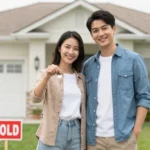 Happy couple with house keys in front of new home purchased with an FHA loan