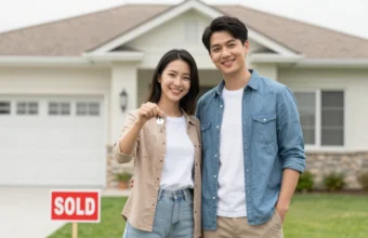 Happy couple with house keys in front of new home purchased with an FHA loan