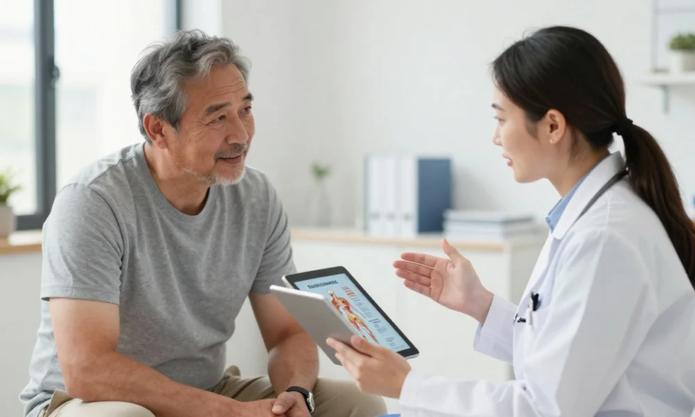 Metabolic surgery consultation: Patient and doctor discuss type 2 diabetes treatment options, including bariatric surgery versus GLP-1 medications, in a modern medical office setting.