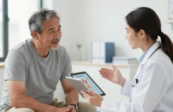 Metabolic surgery consultation: Patient and doctor discuss type 2 diabetes treatment options, including bariatric surgery versus GLP-1 medications, in a modern medical office setting.