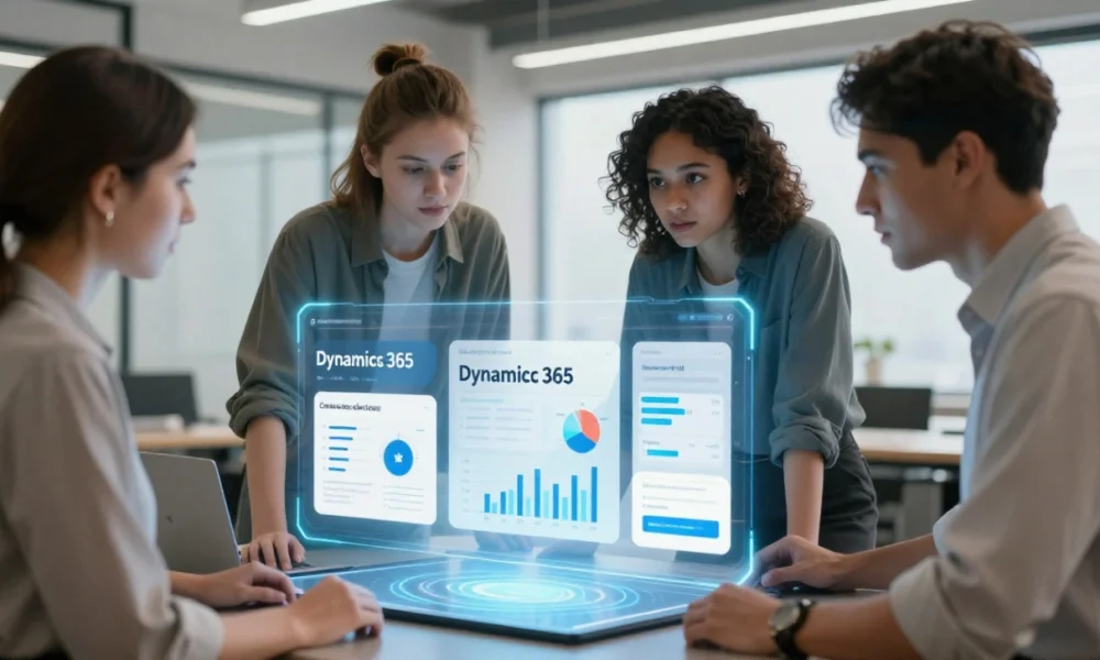Professional team collaborating on Microsoft Dynamics 365 and Power BI analytics dashboard with AI Copilot in modern office, showcasing future of work technology and business productivity tools.