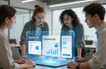 Professional team collaborating on Microsoft Dynamics 365 and Power BI analytics dashboard with AI Copilot in modern office, showcasing future of work technology and business productivity tools.