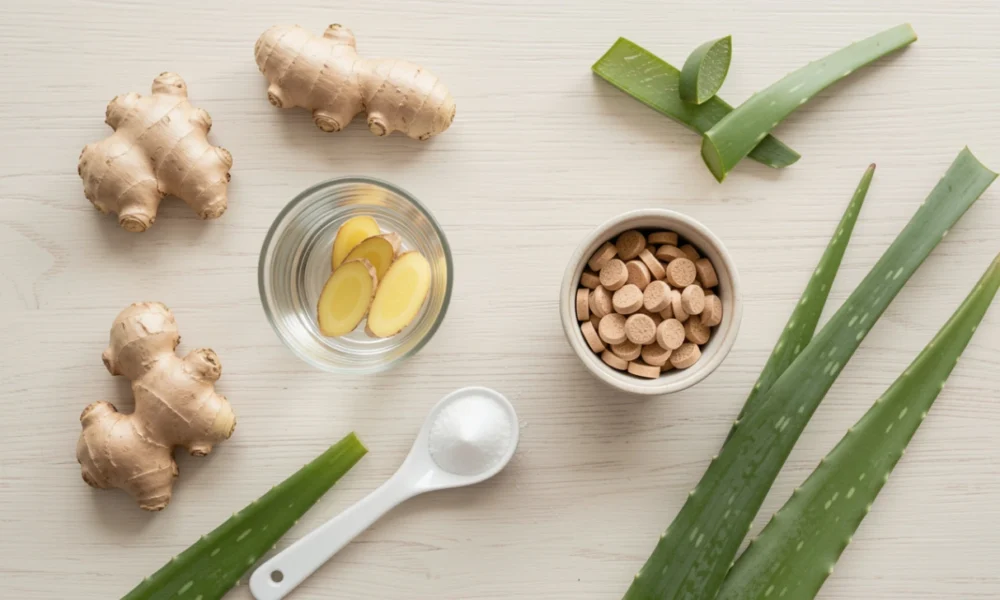 Natural flat lay of ginger root, aloe vera leaves, DGL licorice tablets, and baking soda, representing natural supplements for acid reflux relief.