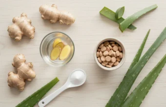 Natural flat lay of ginger root, aloe vera leaves, DGL licorice tablets, and baking soda, representing natural supplements for acid reflux relief.