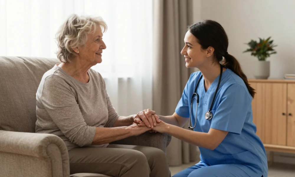 A private sitter for the elderly holding the hand of a senior woman in a living room, providing companionship and emotional support at home.